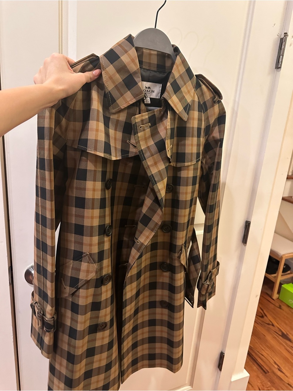 Coach Plaid Trench Coat - Tan & Navy